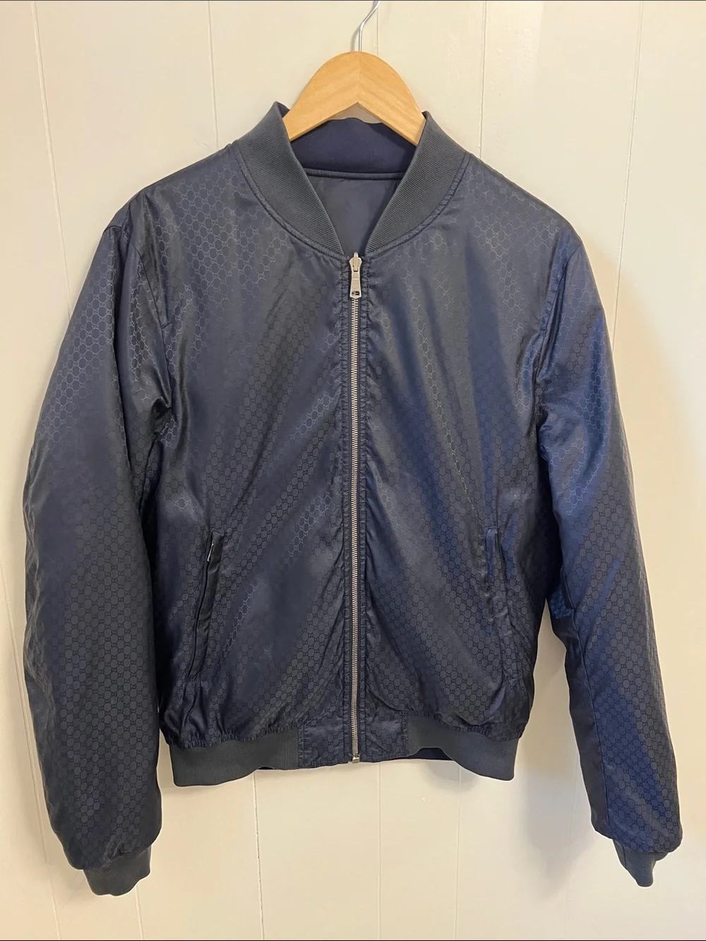 Authentic Gucci Reversible GG Monogram Nylon Bomber Jacket Navy Blue IT 50 LARGE